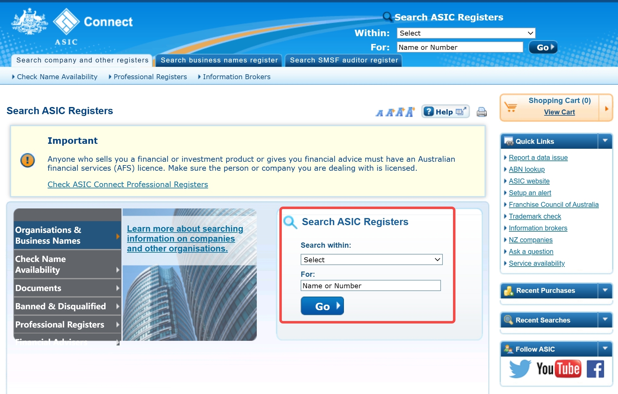 'Search ASIC Registers' page