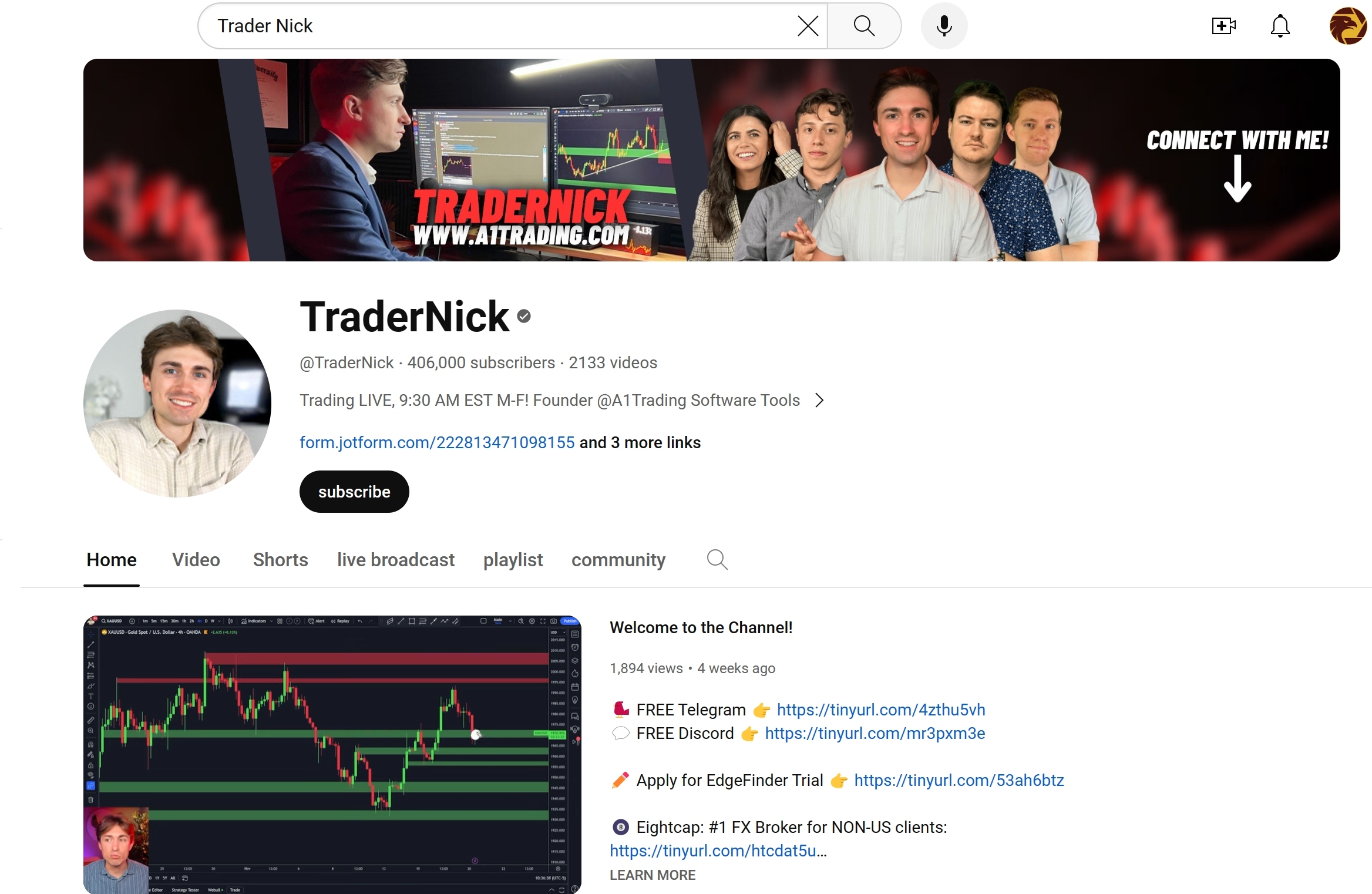 Trader Nick YouTube homepage