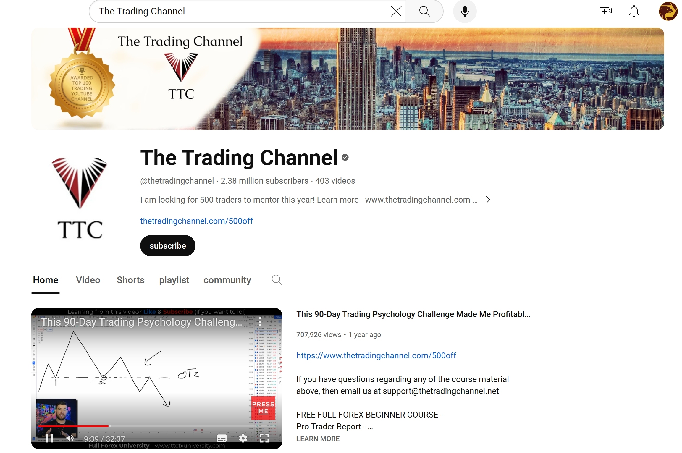 The Trading Channel YouTube homepage
