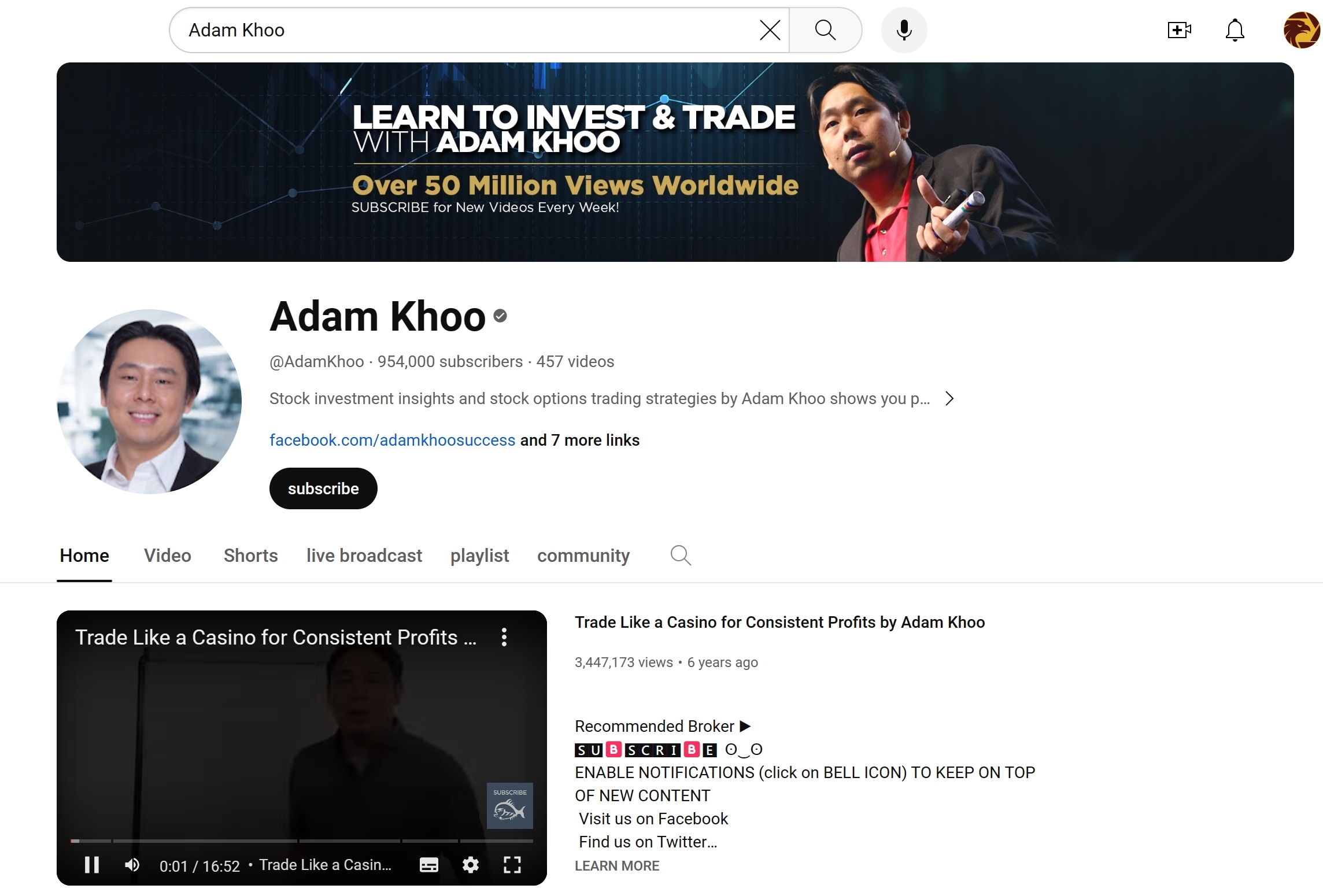  Adam Khoo YouTube homepage