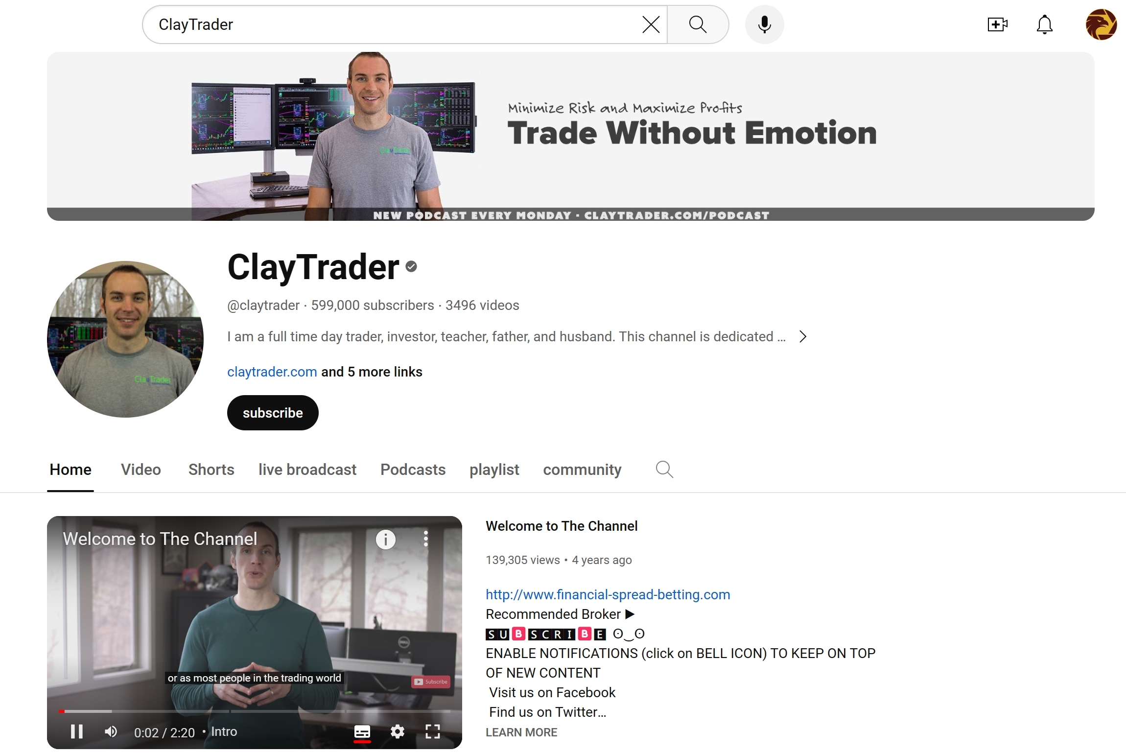 ClayTrader YouTube homepage