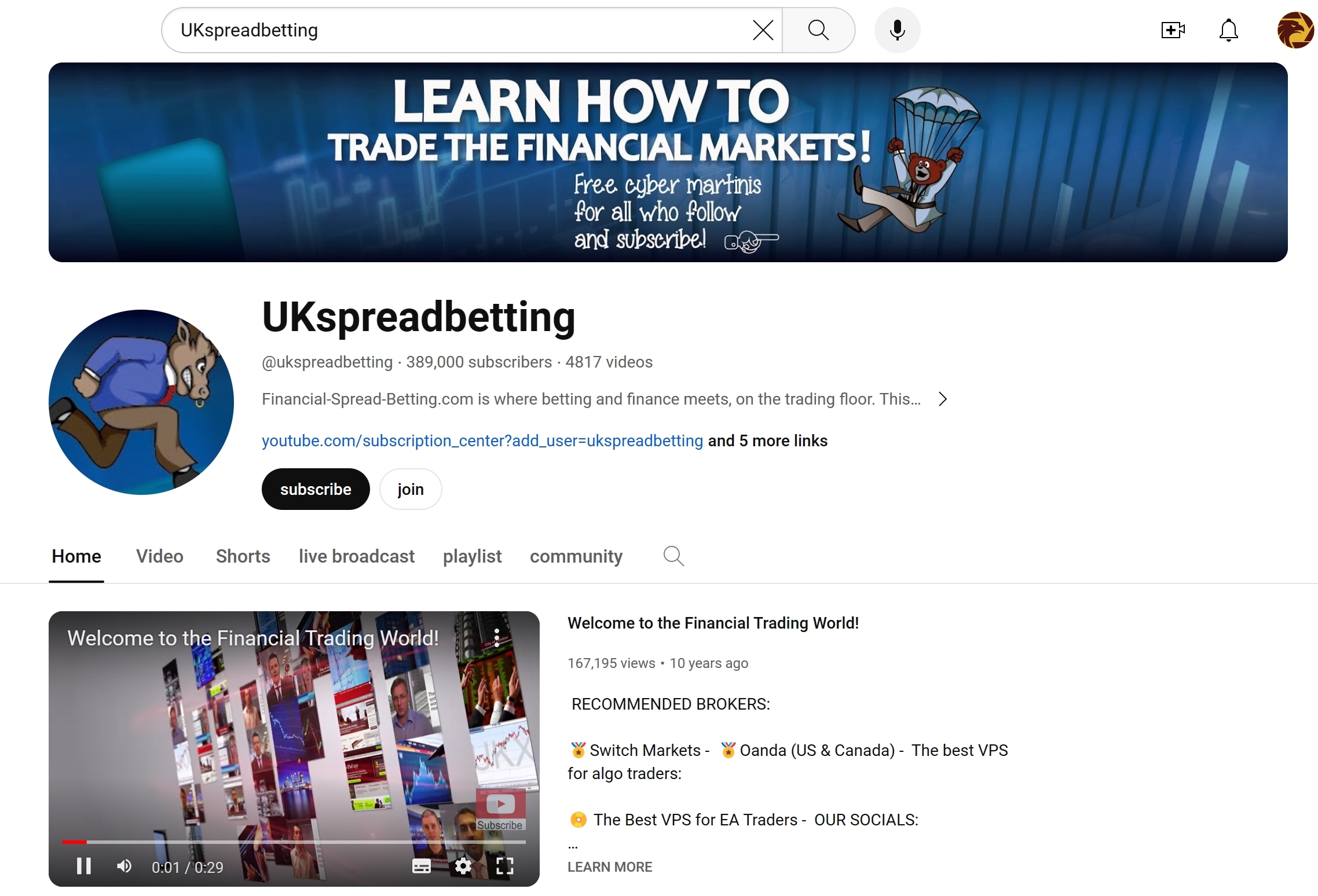 UKspreadbetting YouTube homepage