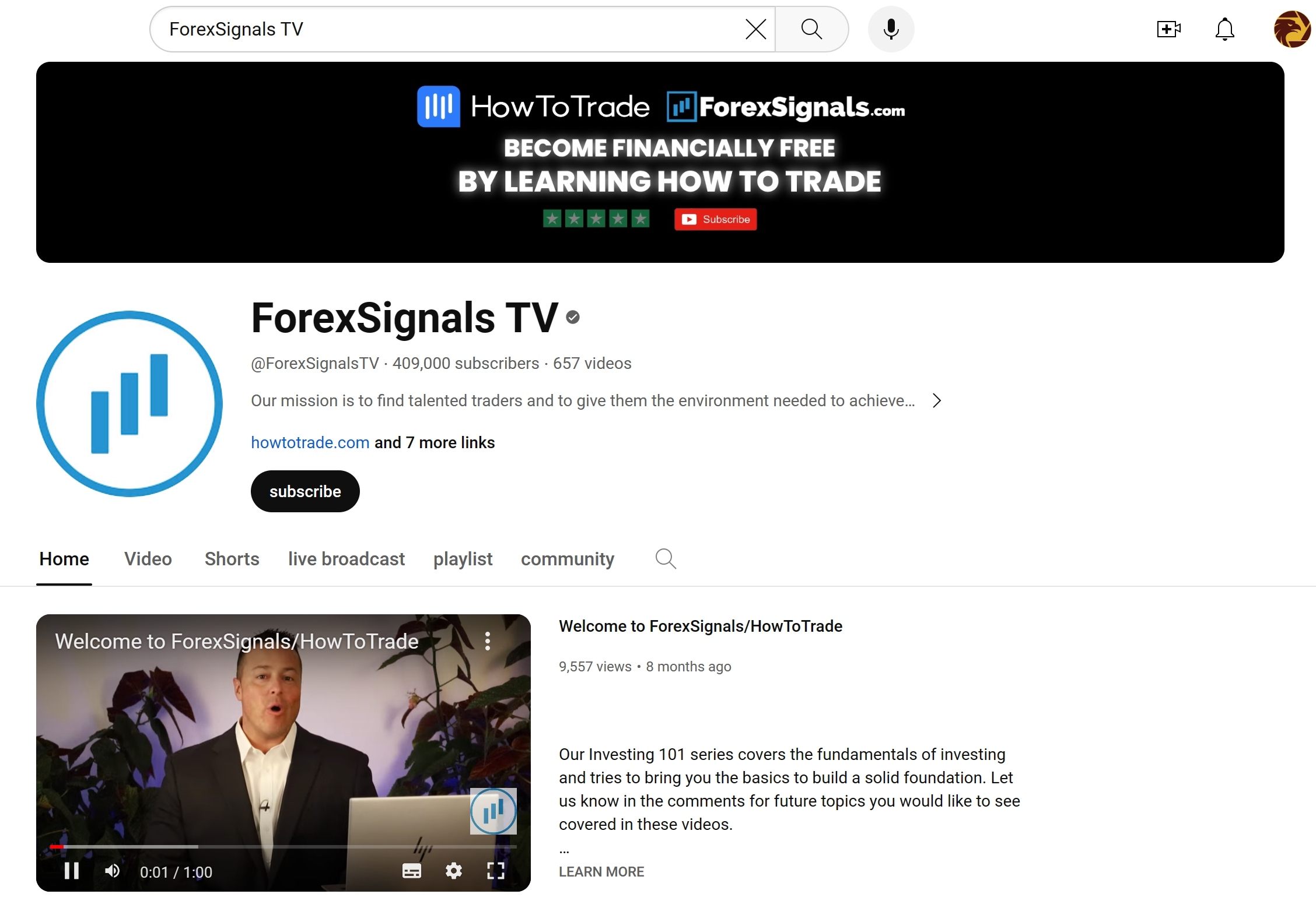 ForexSignals TV YouTube homepage
