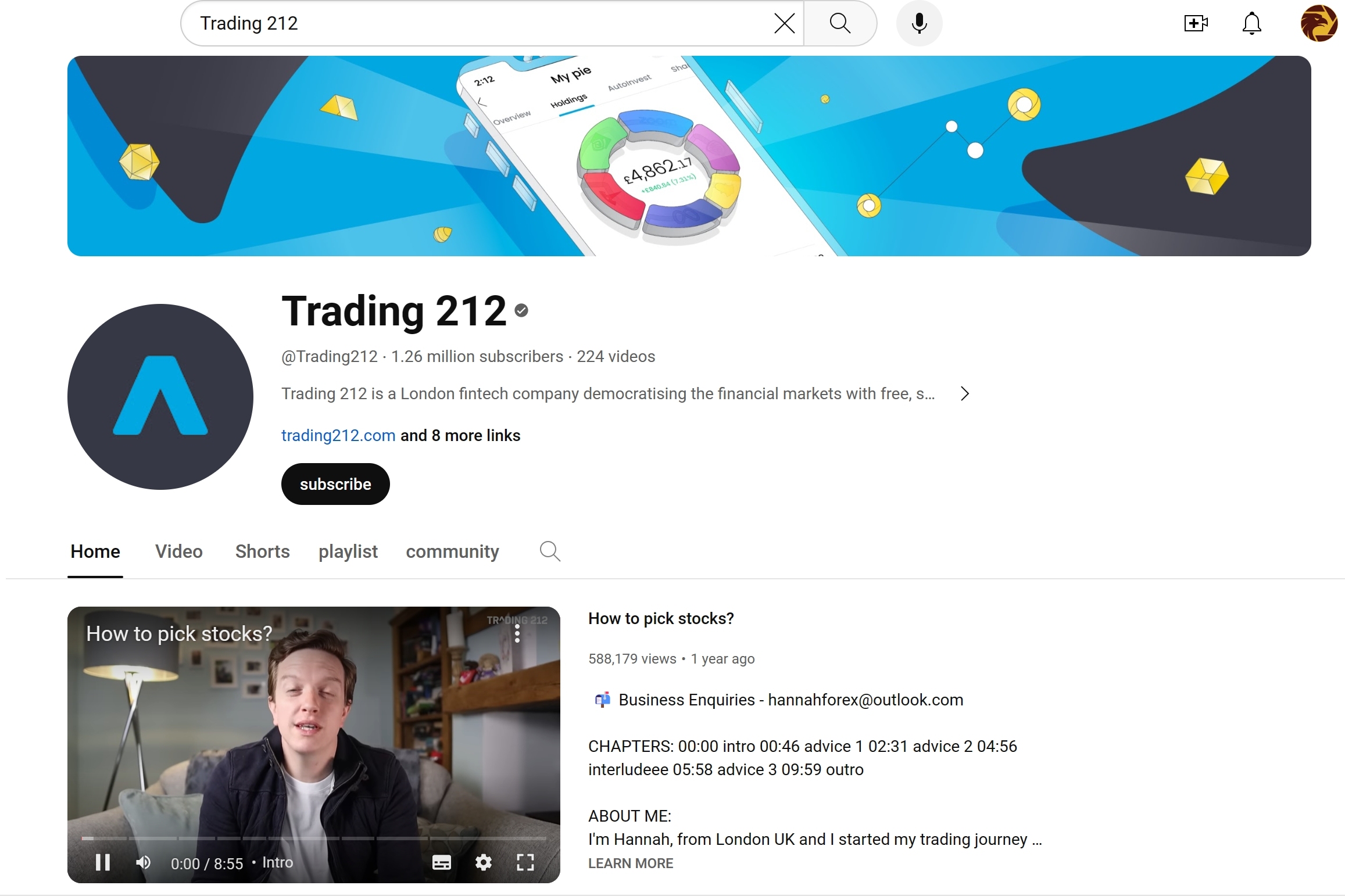 Trading 212 YouTube homepage
