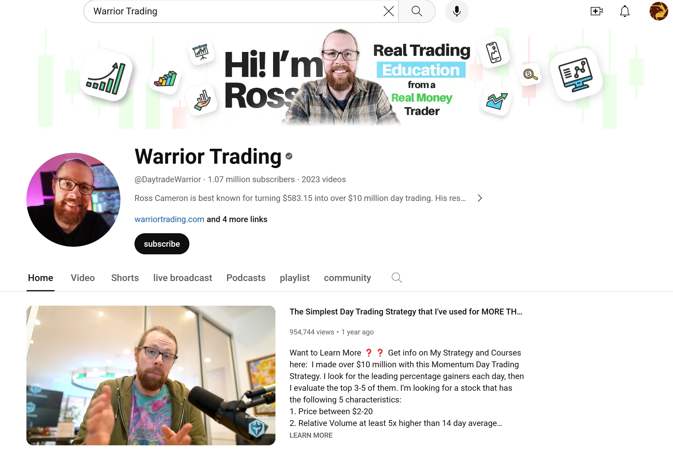 Warrior Trading YouTube homepage