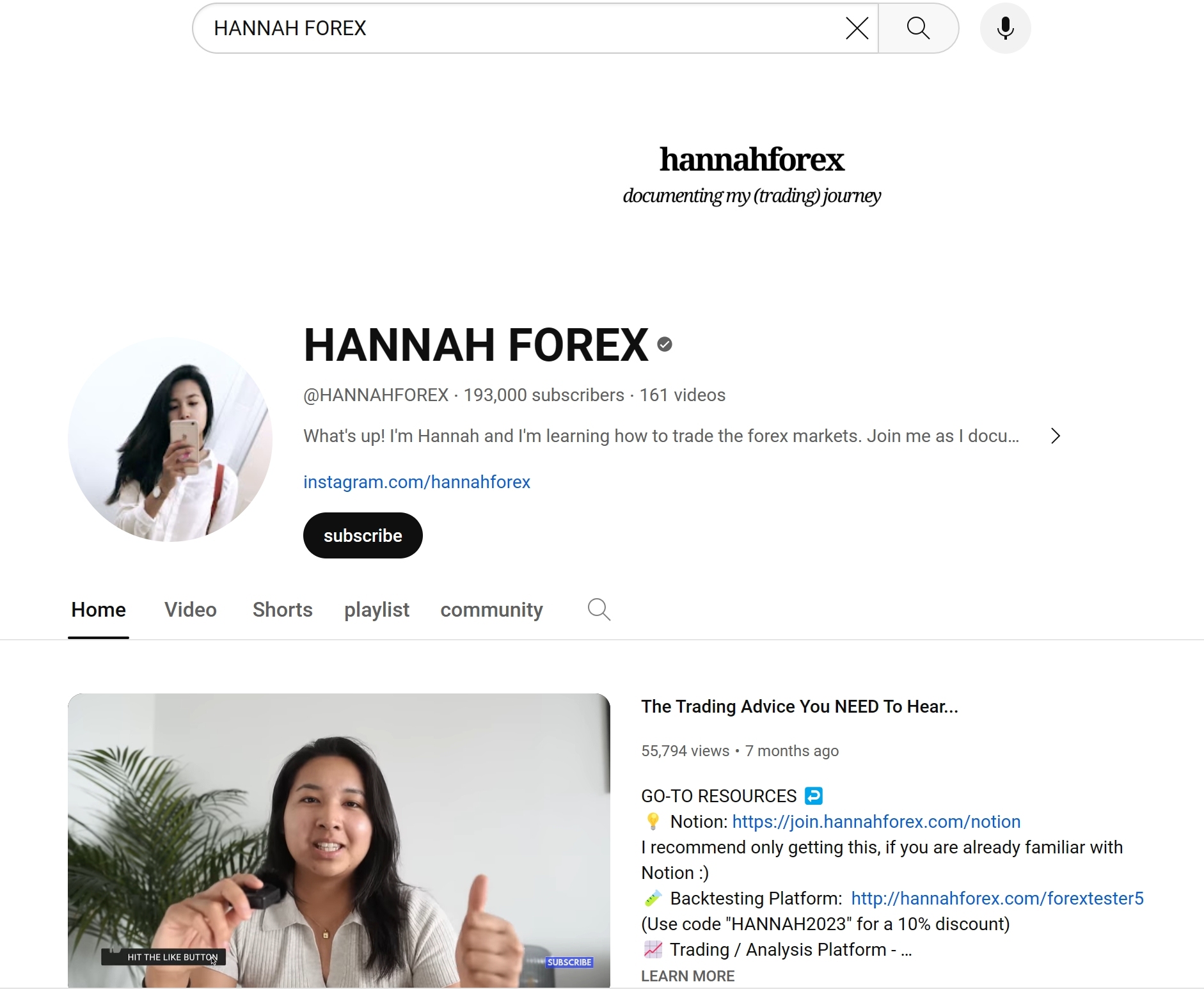 HANNAH FOREX YouTube homepage