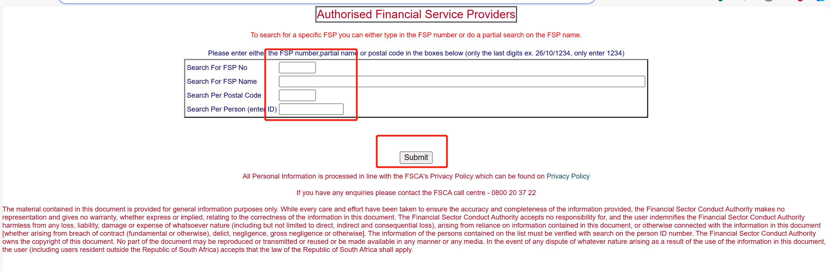 FSCA's public search portal