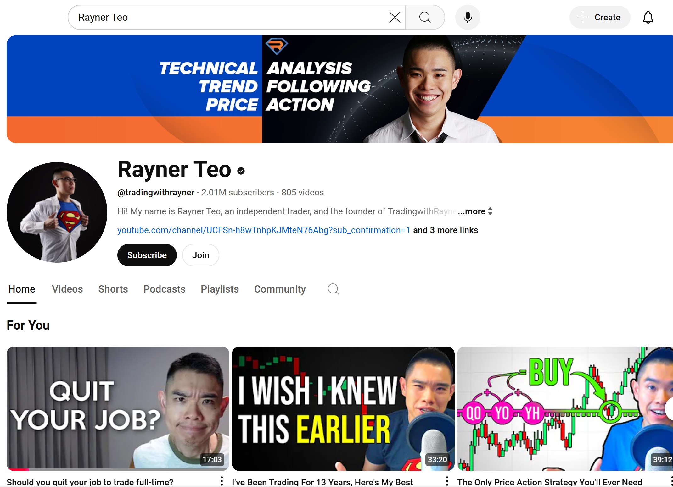 Rayner Teo YouTube home page