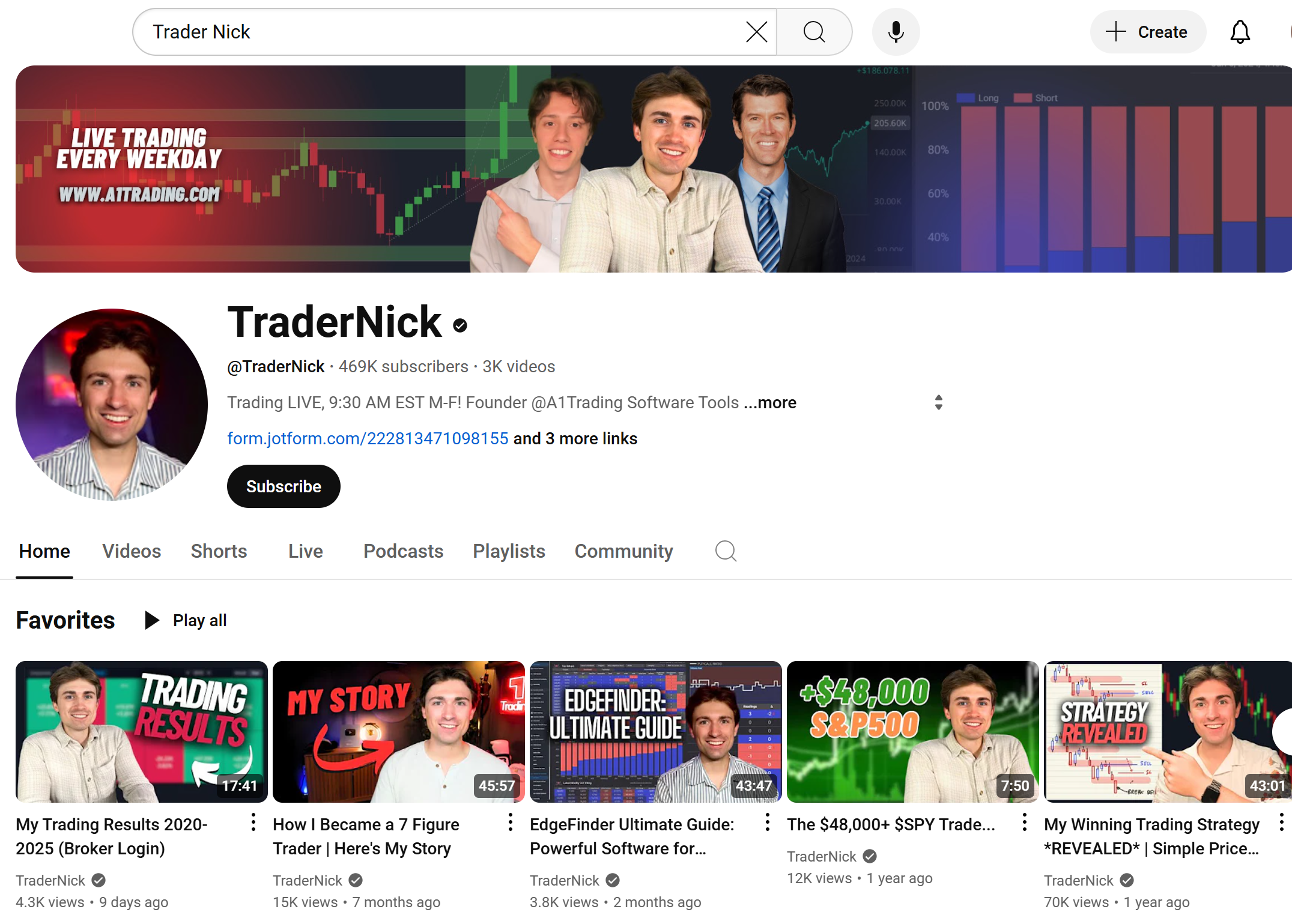 Trader Nick YouTube homepage