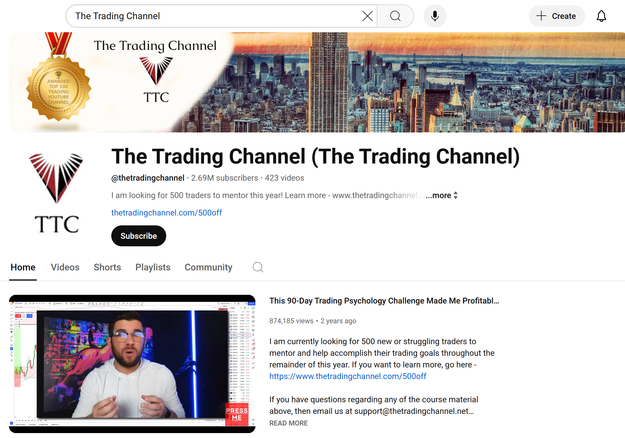 The Trading Channel YouTube homepage