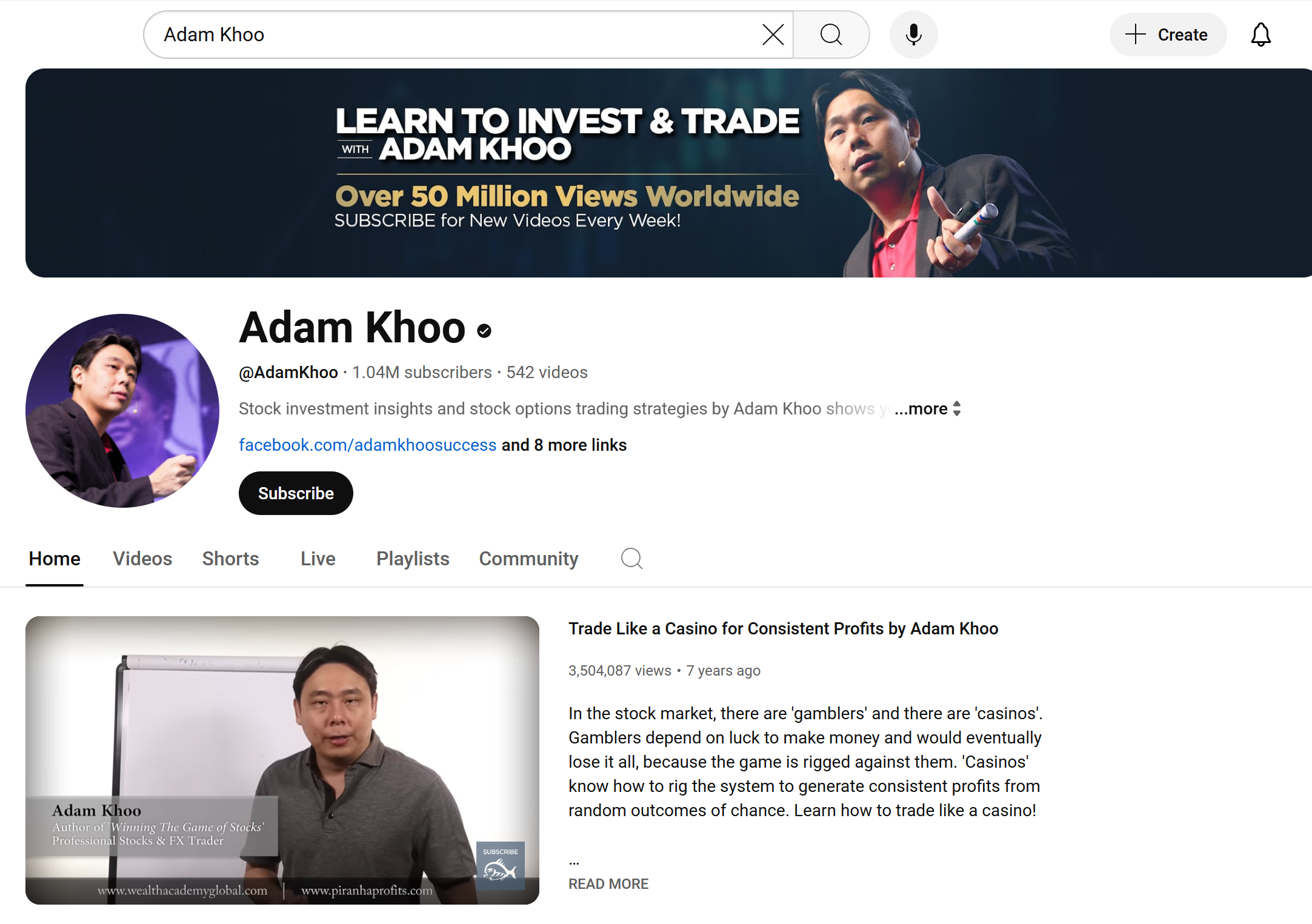 Adam Khoo YouTube home page