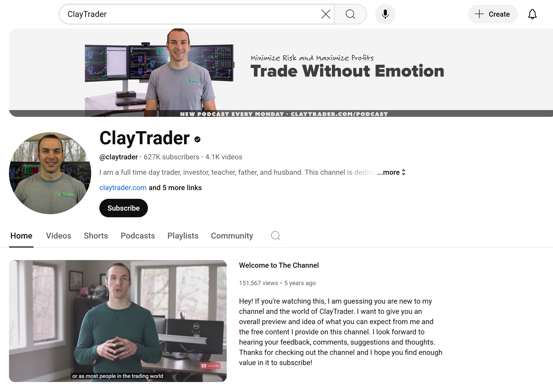 ClayTrader YouTube homepage