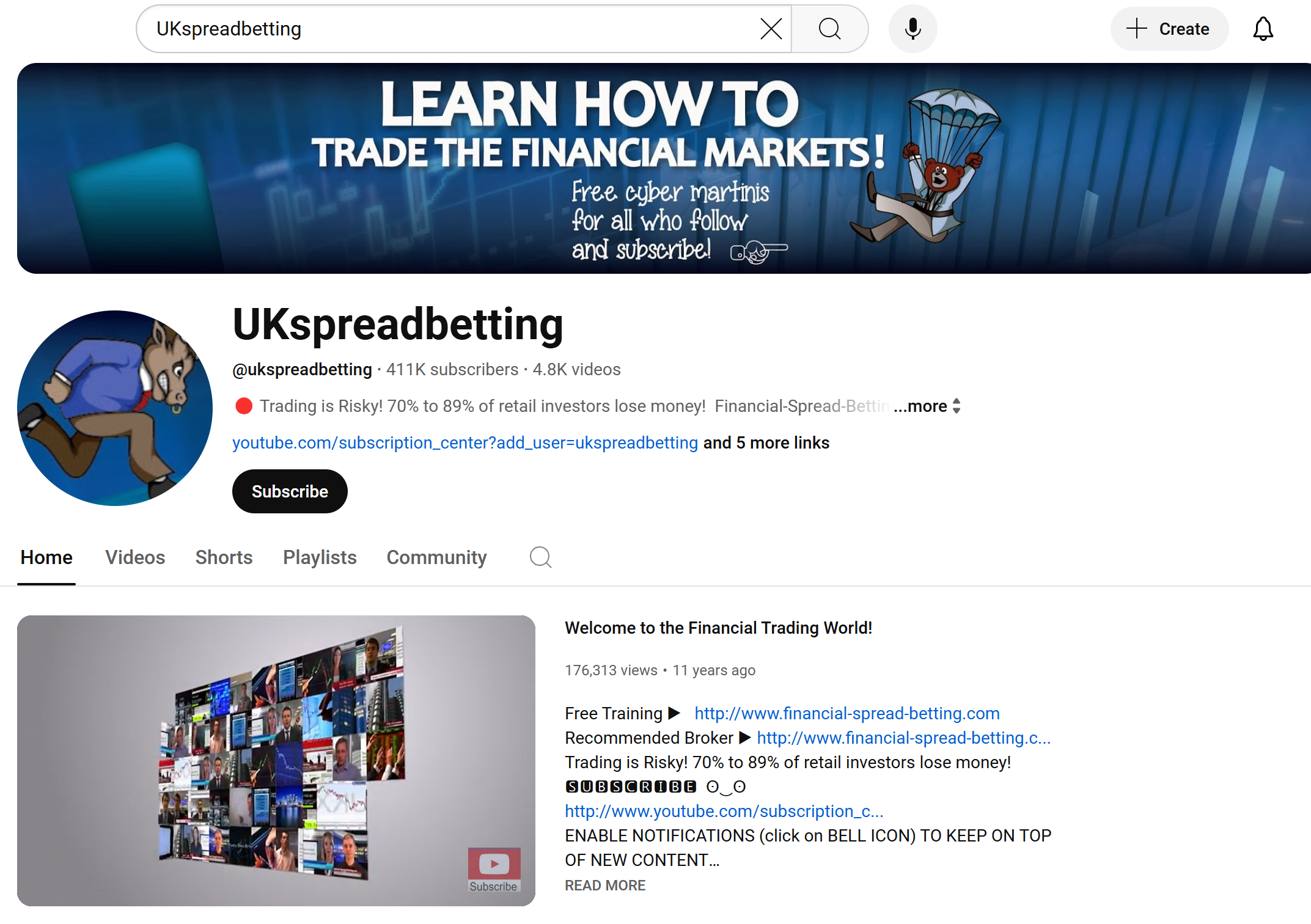 UKspreadbetting YouTube homepage