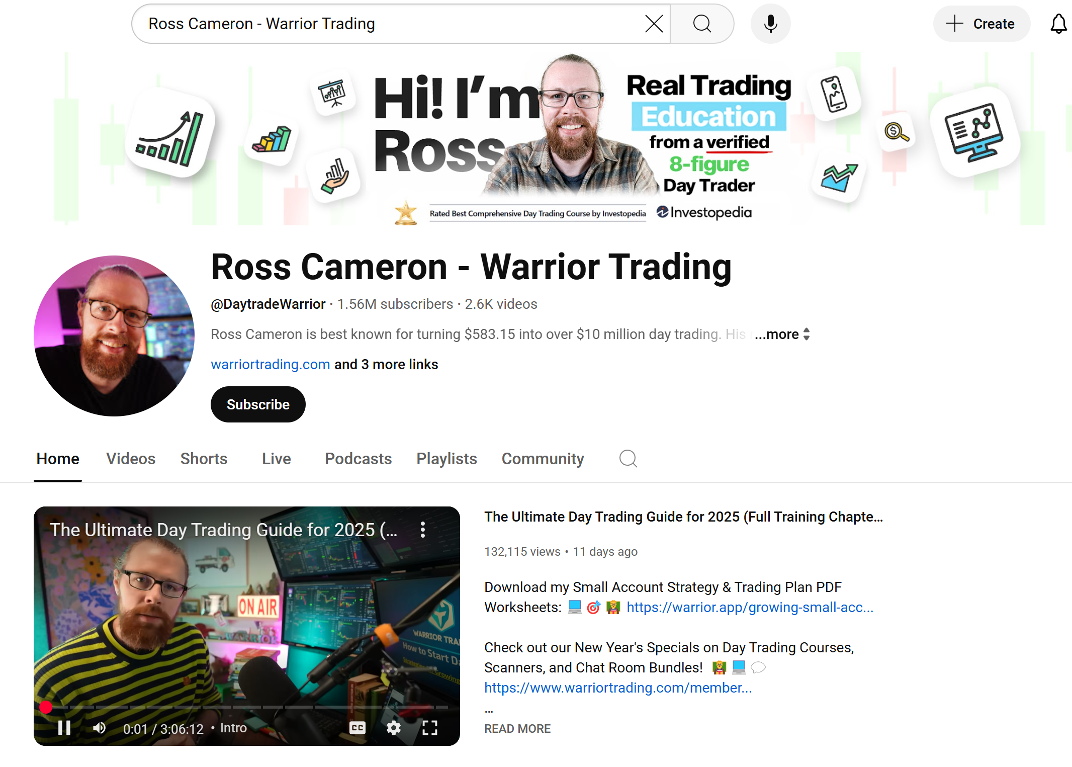 Ross Cameron - Warrior Trading YouTube homepage