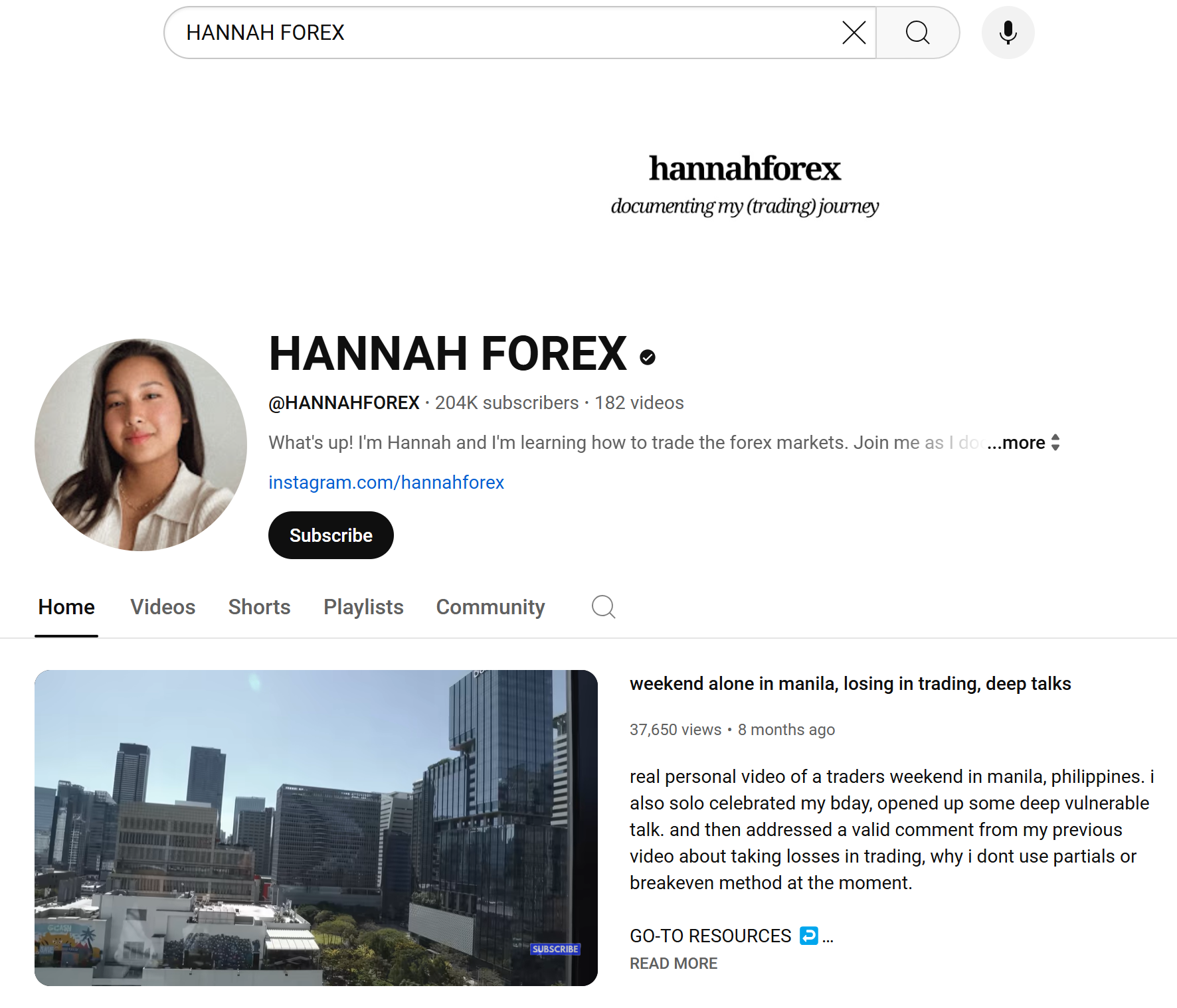 HANNAH FOREX YouTube homepage