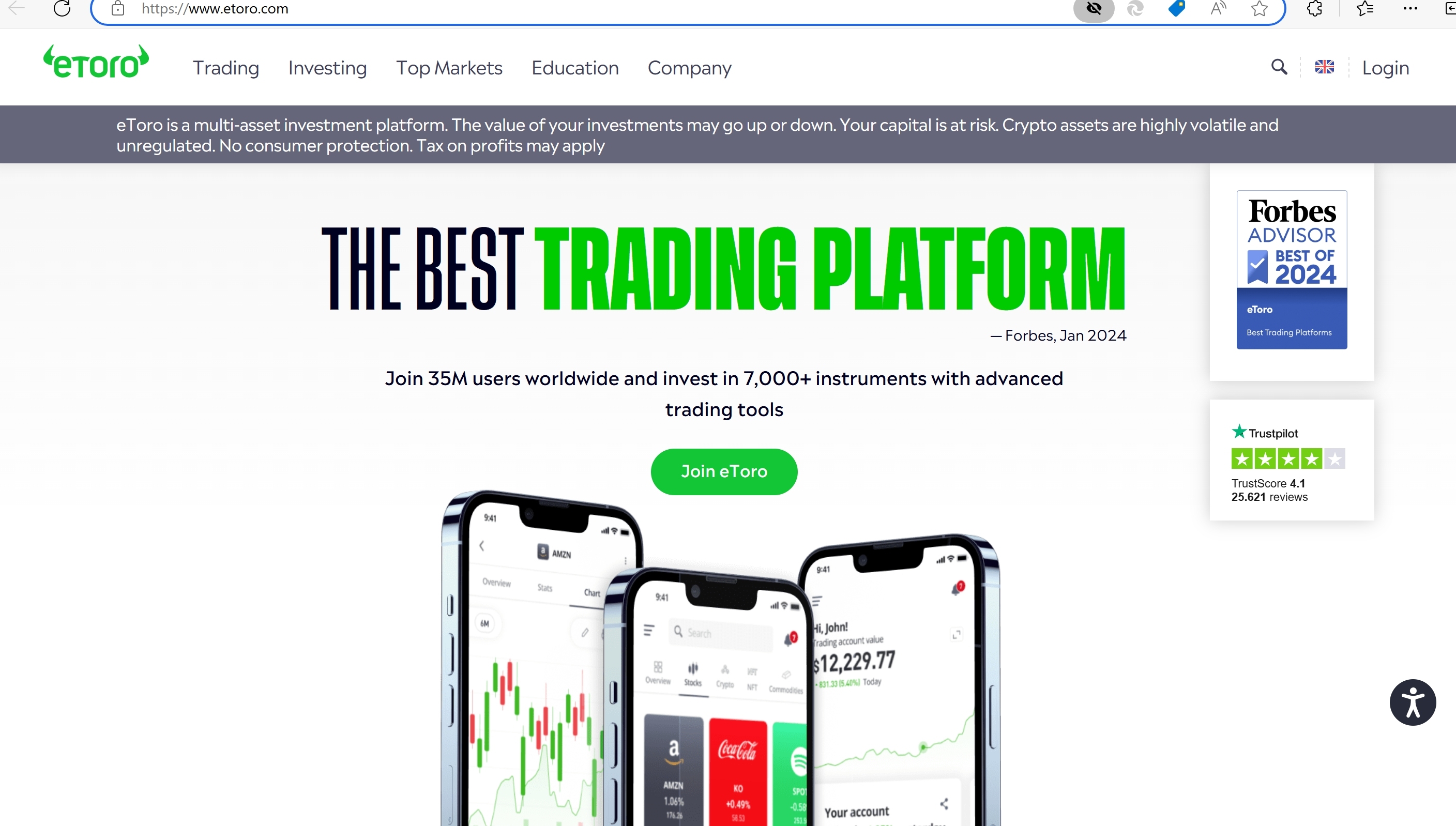 eToro's home page