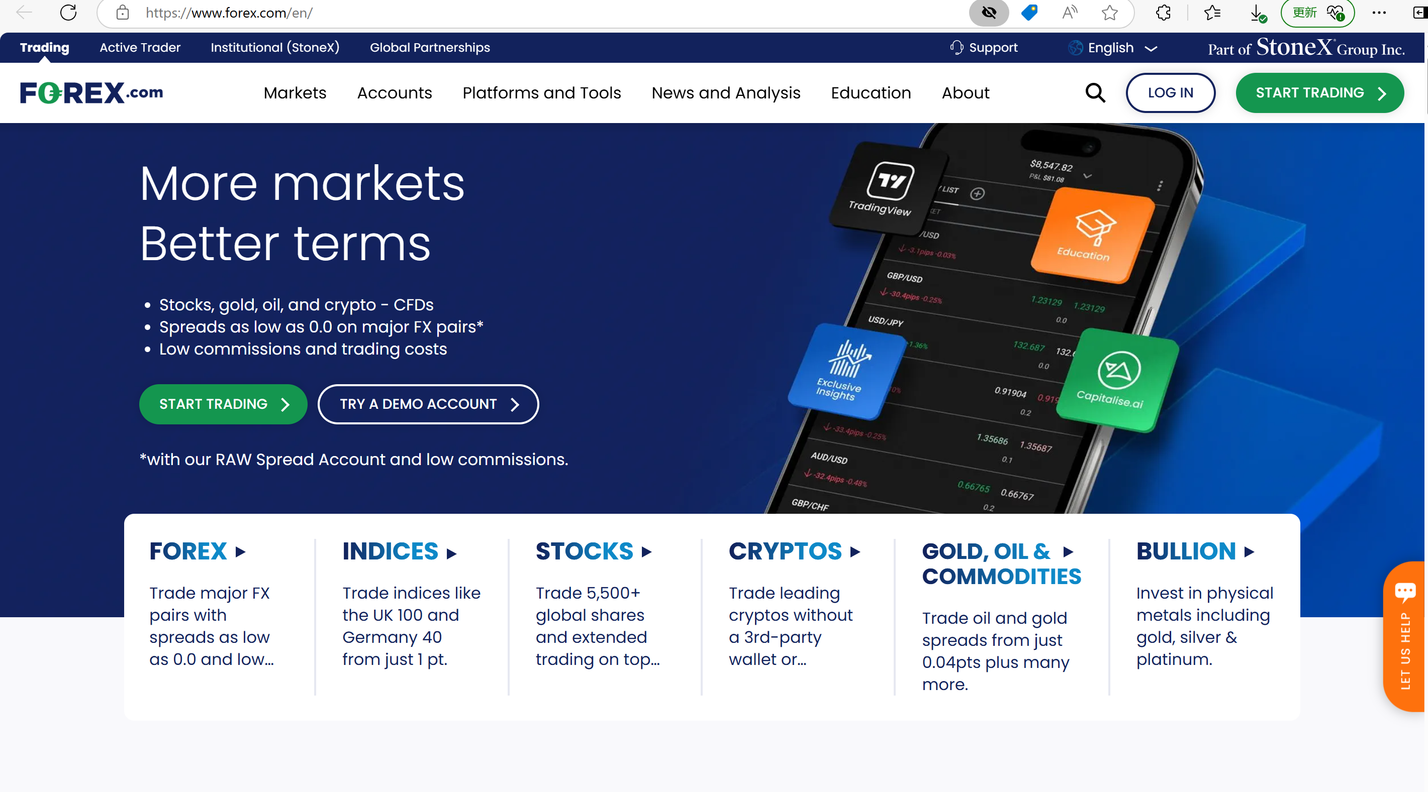 Forex.com's homepage