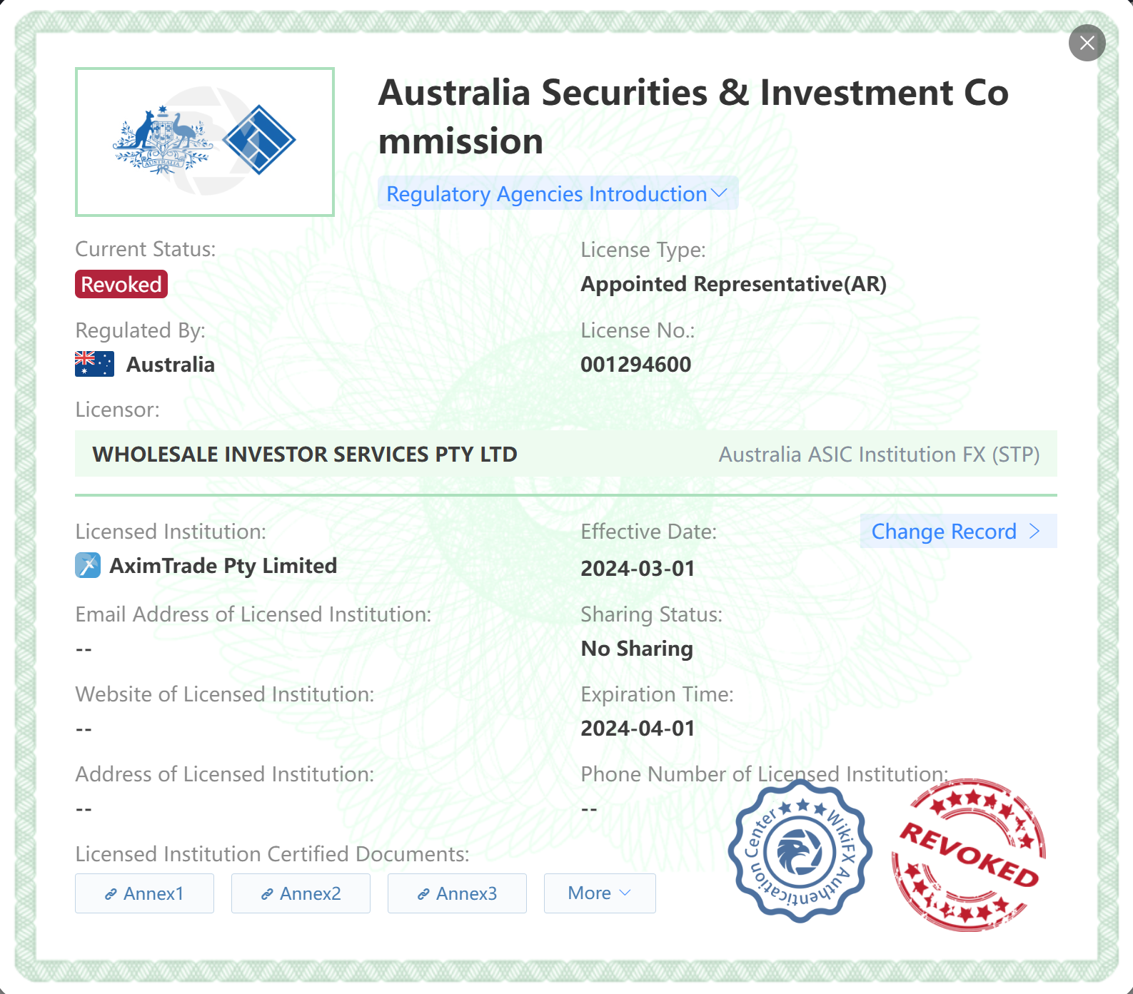 Revoked ASIC license