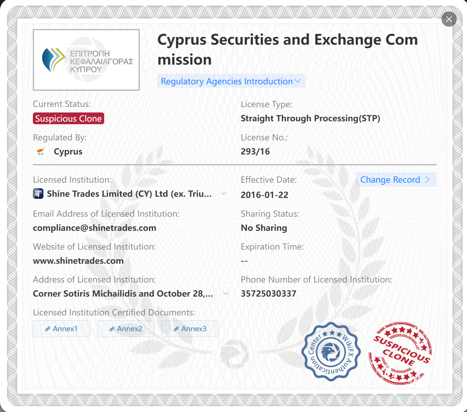 Suspicious clone CySEC license